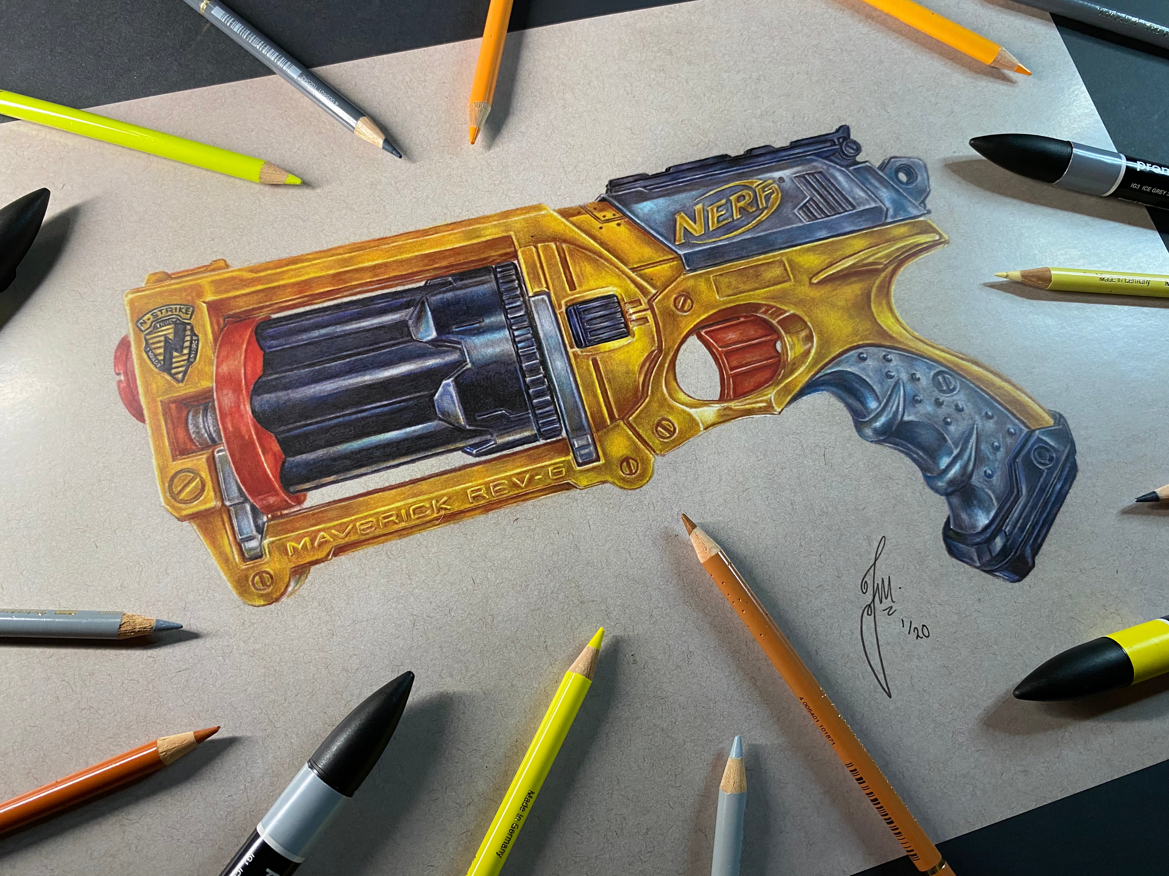 limited edition art print of realistic coloured pencil drawing of the Nerf Maverick blaster by tom mothersole 