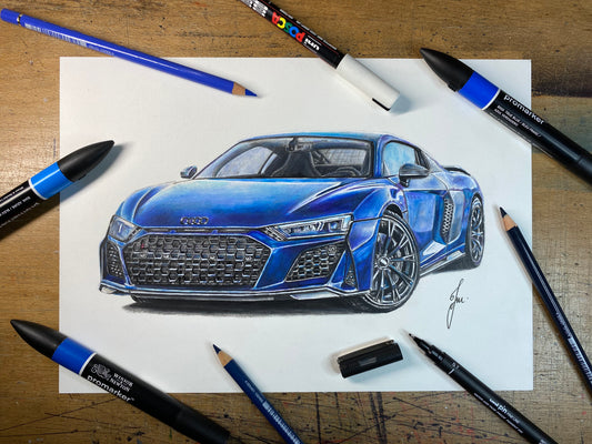 Original Coloured Pencil Drawing of a Blue Audi R8