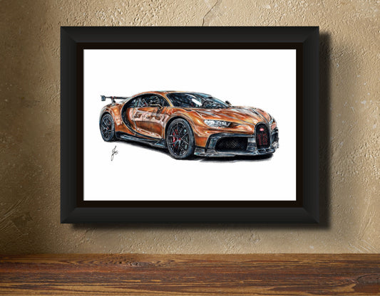framed A4 print of a realistic coloured pencil orange bugatti chiron drawing