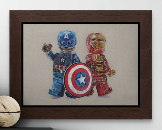 framed print of my LEGO captain america and iron man coloured pencil drawing
