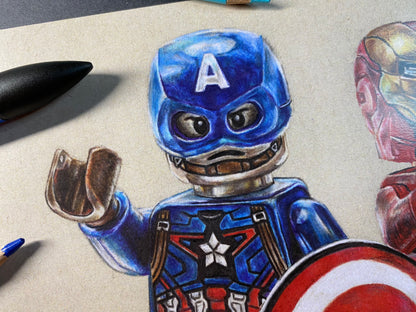 A4 limited edition art print of my LEGO captain america and iron man minifigure coloured pencil drawing marvel avengers fan art by tom mothersole