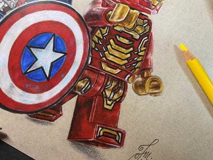 A4 limited edition art print of my LEGO captain america and iron man minifigure coloured pencil drawing marvel avengers fan art by tom mothersole