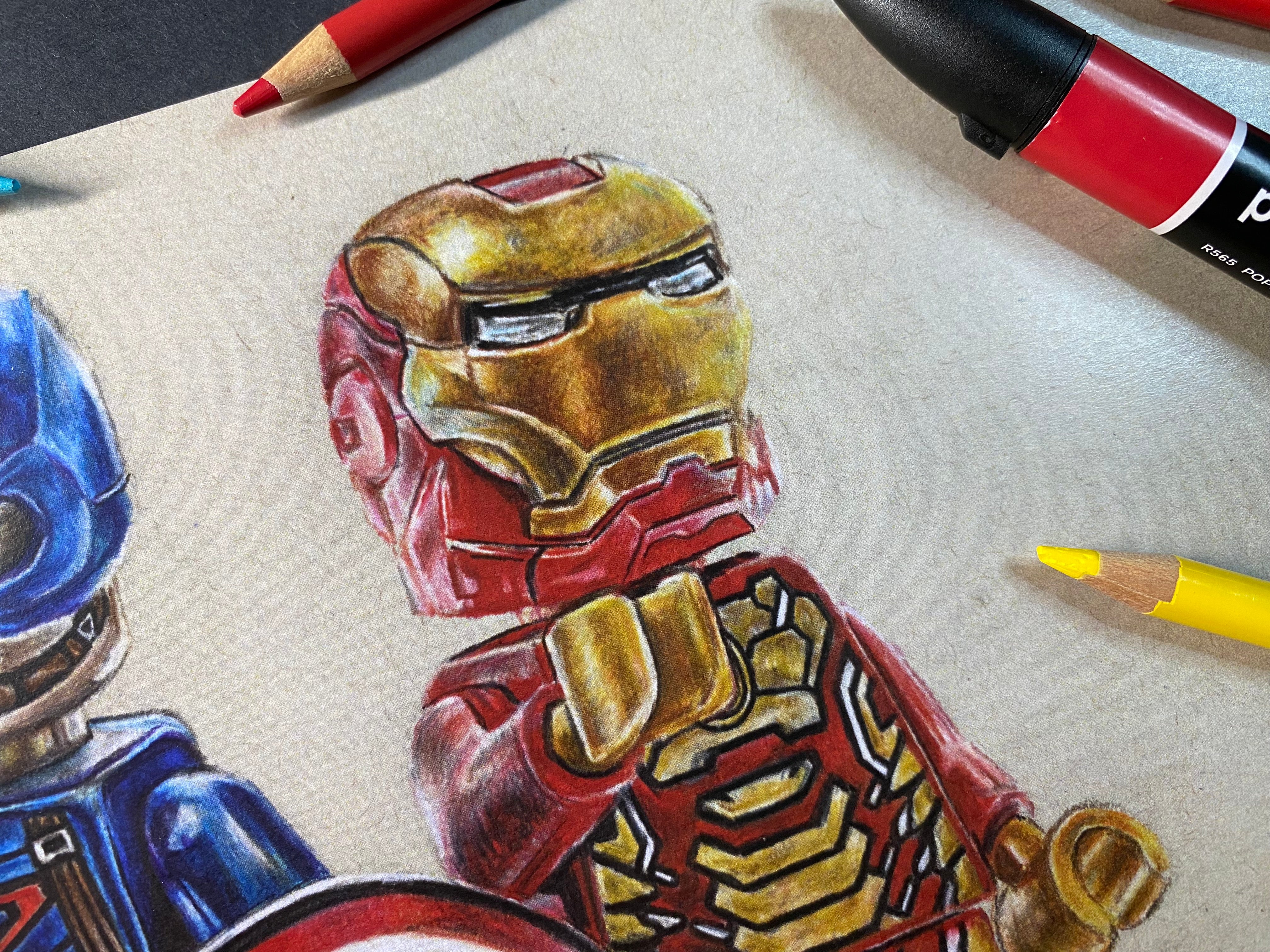 A4 limited edition art print of my LEGO captain america and iron man minifigure coloured pencil drawing marvel avengers fan art by tom mothersole
