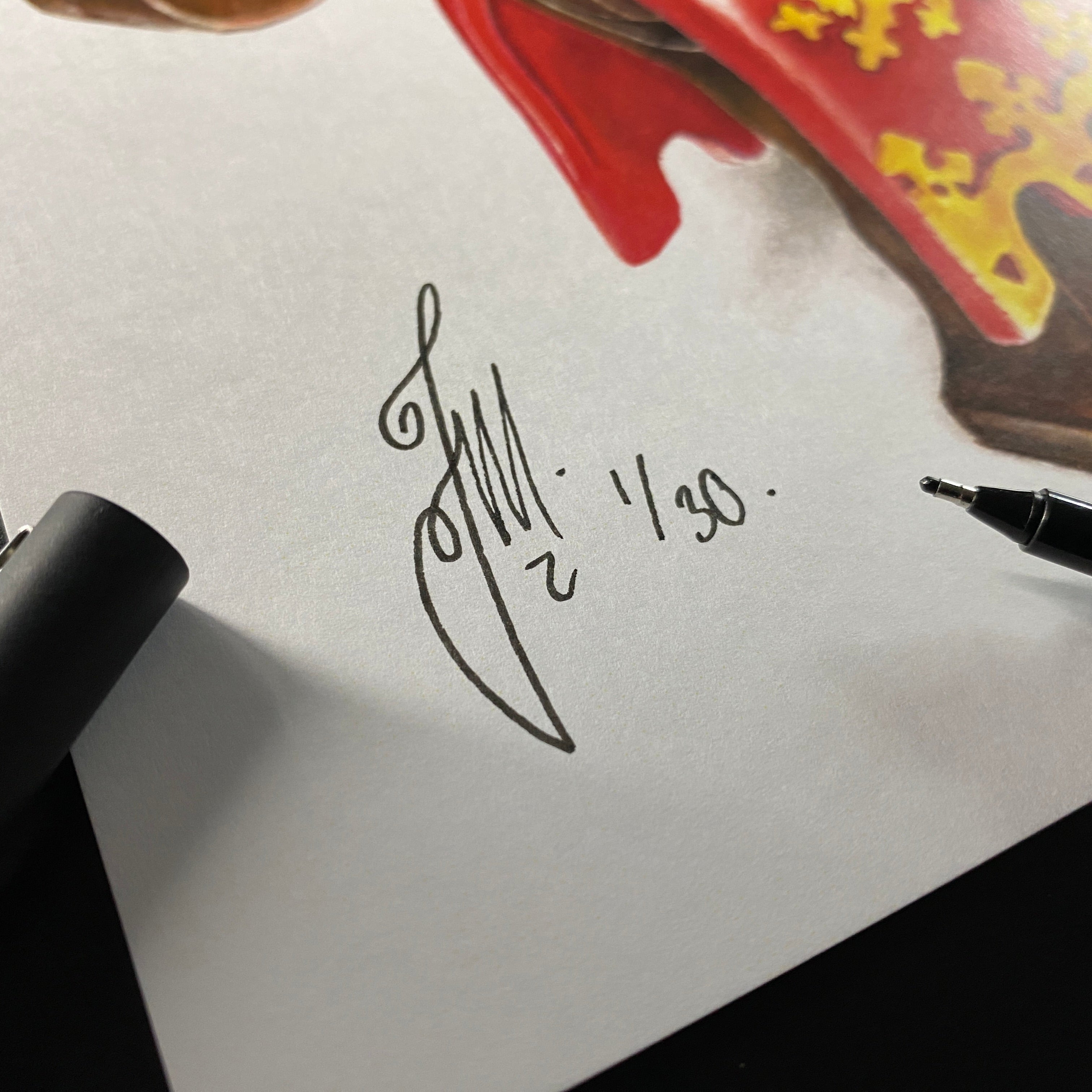 close up of Tom Mothersole's signature limited edition art print of my realistic coloured pencil drawing of a classic LEGO Lion Knight Minifigure drawing by tom mothersole 