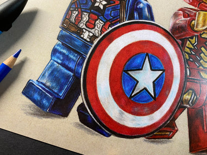 A4 limited edition art print of my LEGO captain america and iron man minifigure coloured pencil drawing marvel avengers fan art by tom mothersole