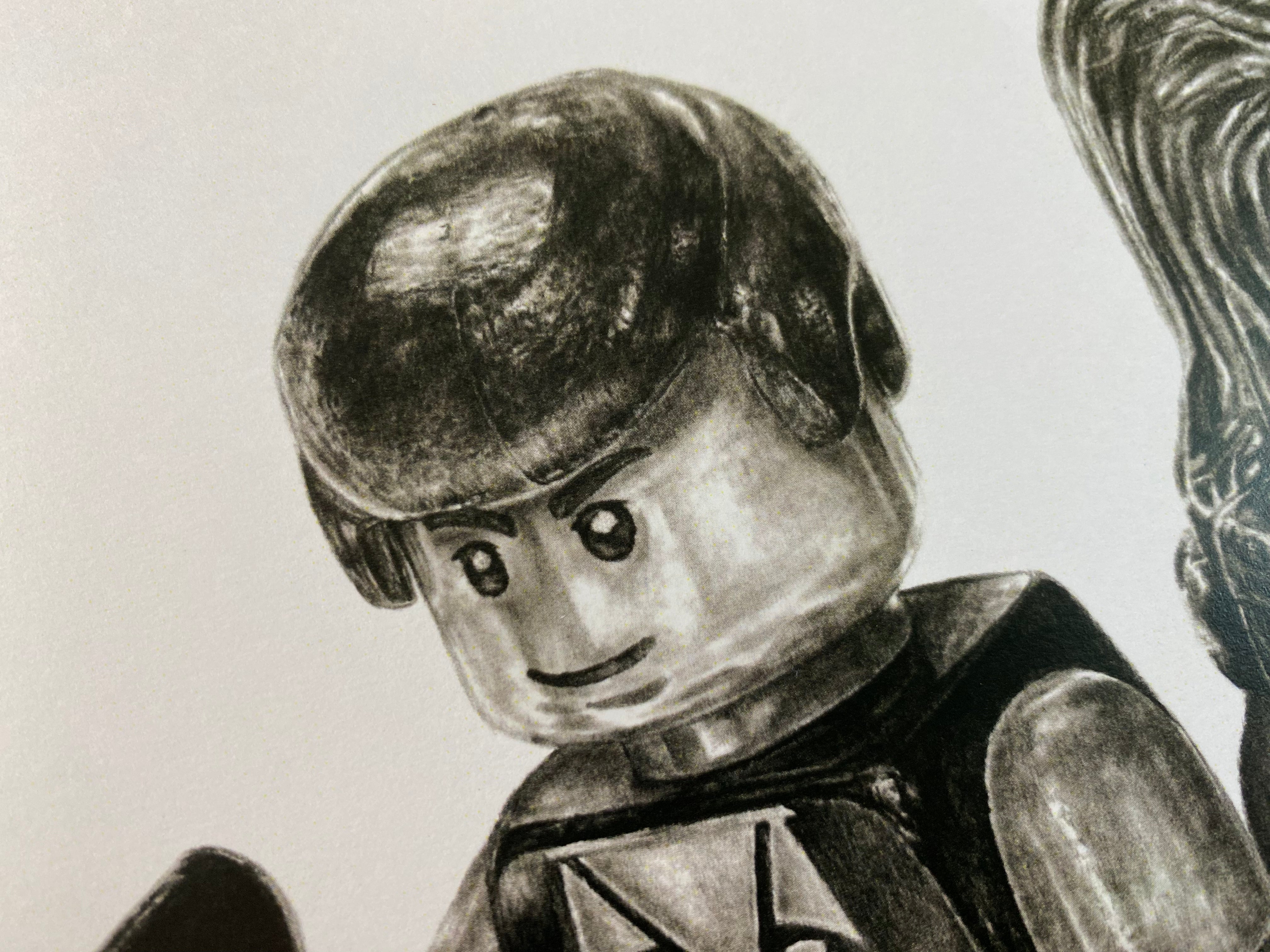 signed limited edition art print of LEGO starwars Han Solo and chewbacca pencil drawing lego art by tom mothersole
