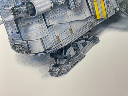 limited edition art print of my realistic coloured pencil drawing of the LEGO Razorcrest spaceship from starwars the mandalorian by tom mothersole lego art