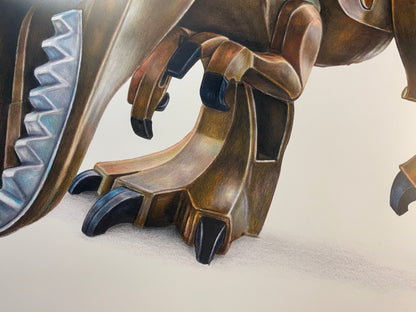 limited edition art print of realistic coloured pencil drawing of the LEGO T-Rex Minifigure by Tom Mothersole