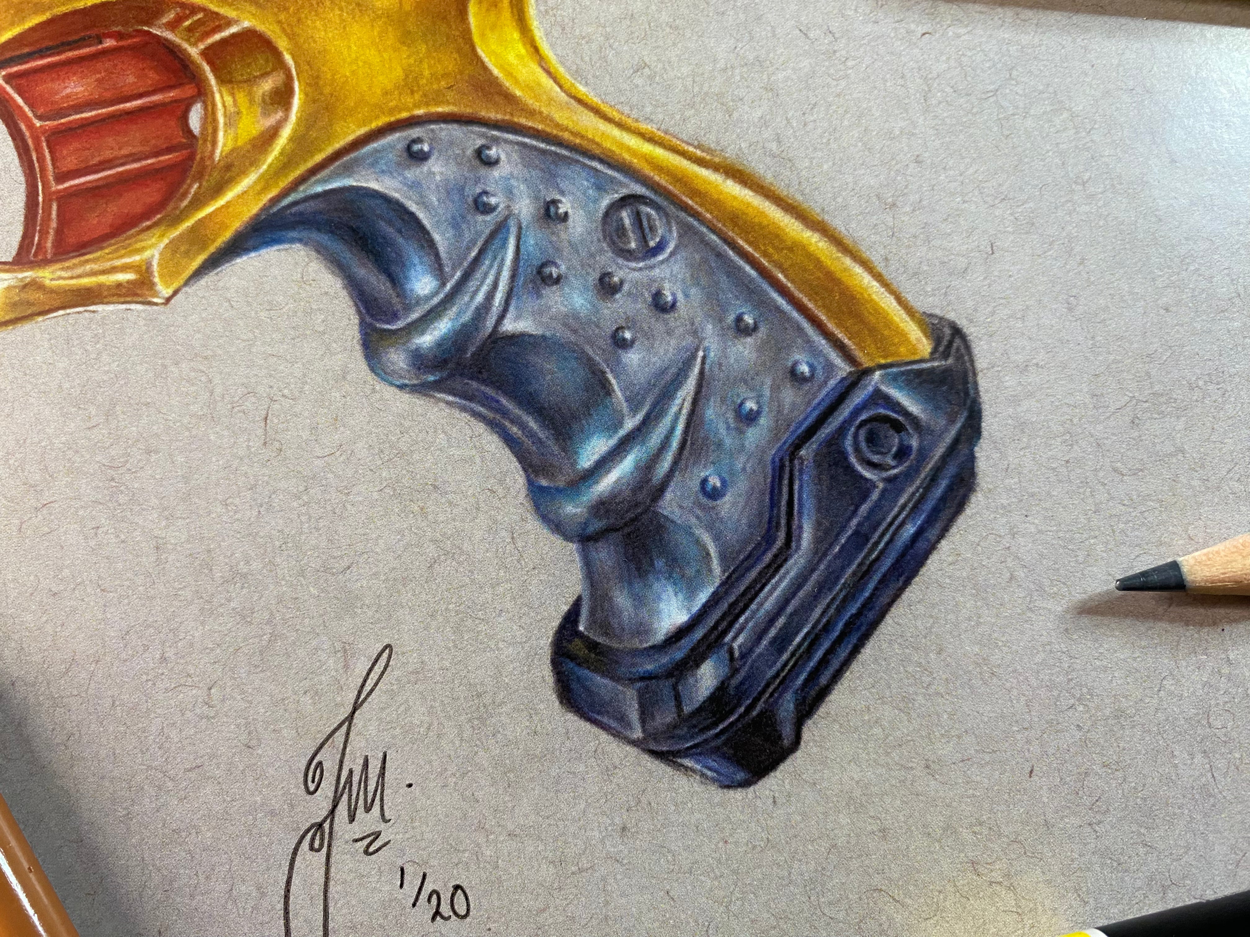 limited edition art print of realistic coloured pencil drawing of the Nerf Maverick blaster by tom mothersole 