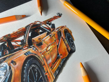 A4 limited edition art print of my realistic coloured pencil drawing of the orange LEGO Technic Porsche 911 GT3 RS by Tom Mothersole