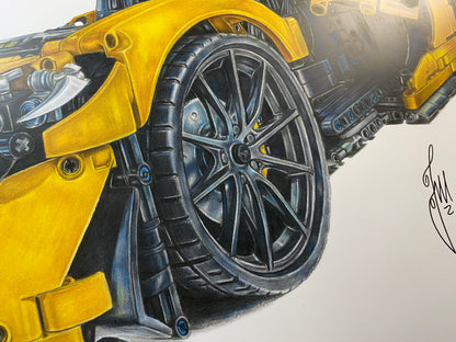 A4 signed limited edition art print of a realistic coloured pencil drawing of the yellow LEGO Technic McLaren P1 super car model by tom mothersole