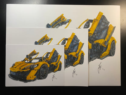A4, A3 and A2 signed limited edition art print of a realistic coloured pencil drawing of the yellow LEGO Technic McLaren P1 super car model by tom mothersole