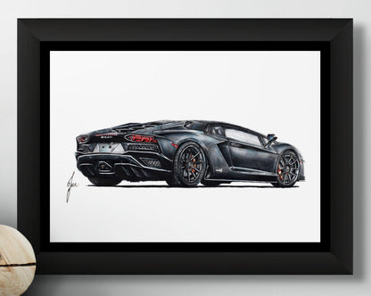 realistic coloured pencil drawing of a black Lamborghini avaentador 