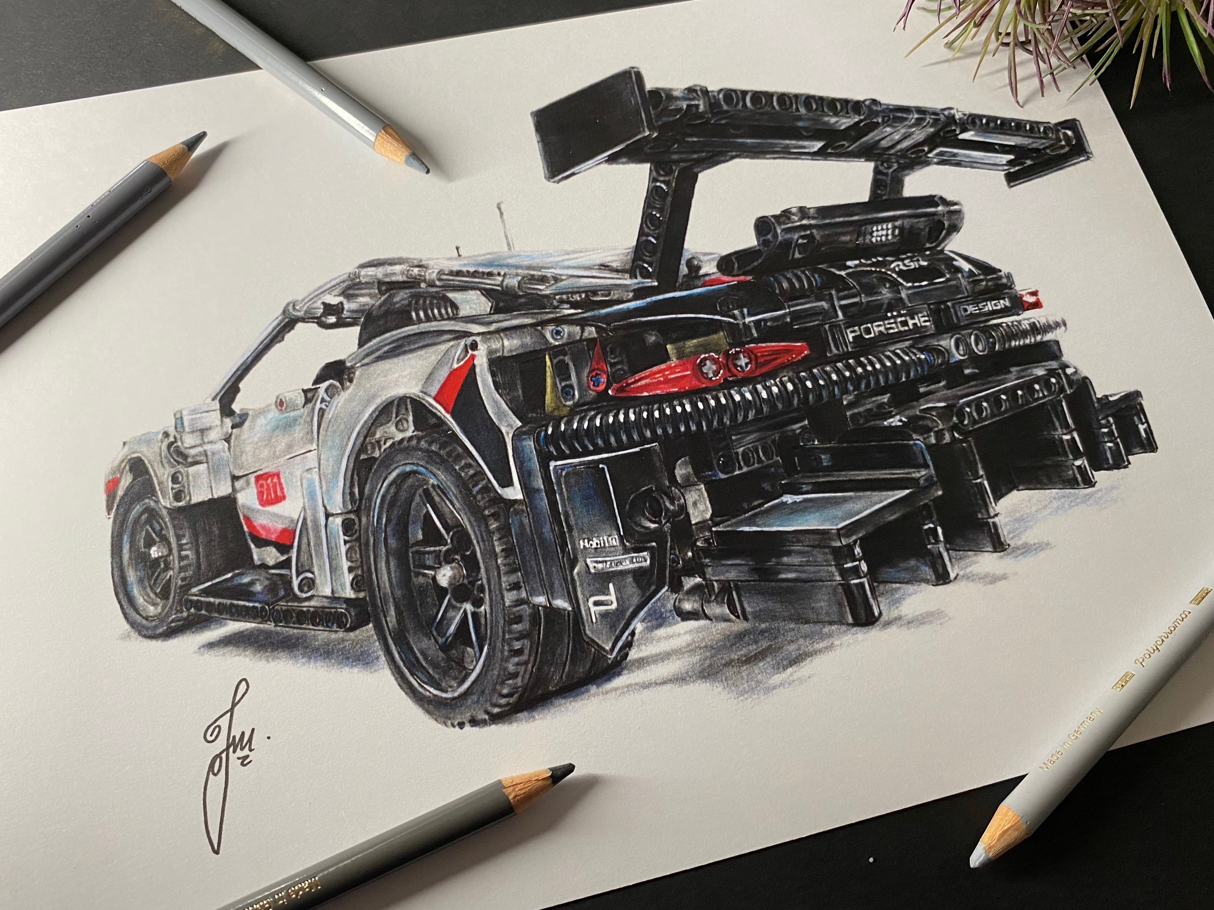 Realistic coloured pencil drawing of the LEGO Technic porsche 911 GT3 RS racing car art