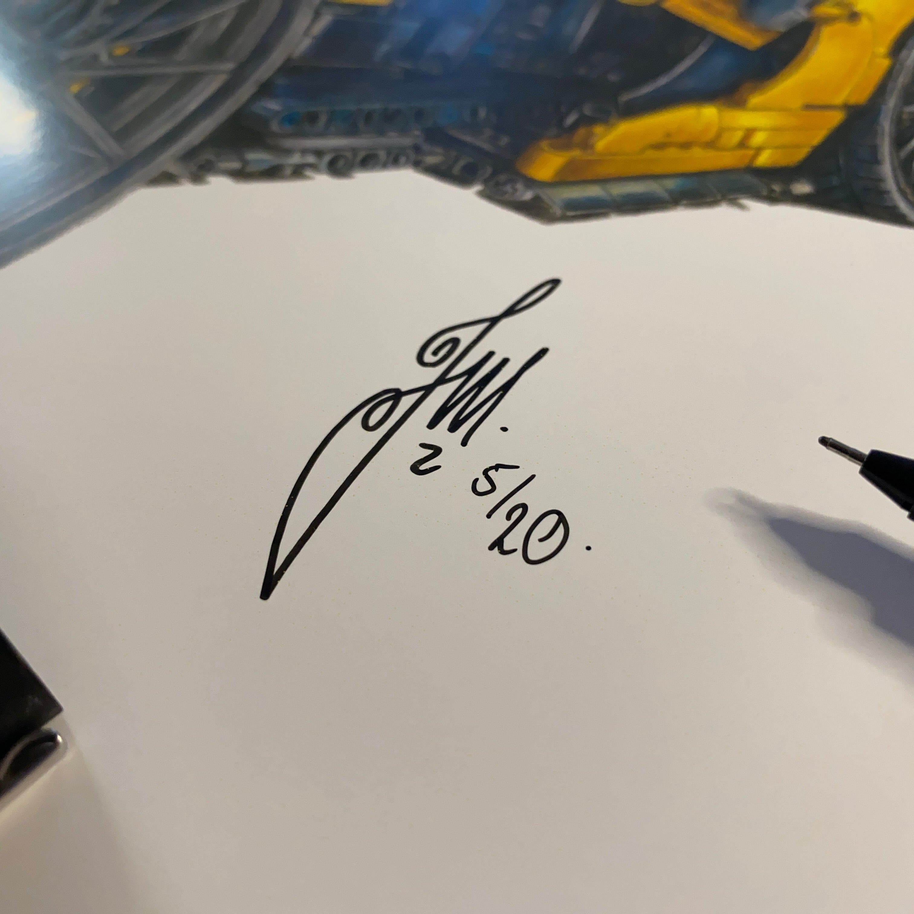 signed limited edition art print of a realistic coloured pencil drawing of the yellow LEGO Technic McLaren P1 super car model by tom mothersole