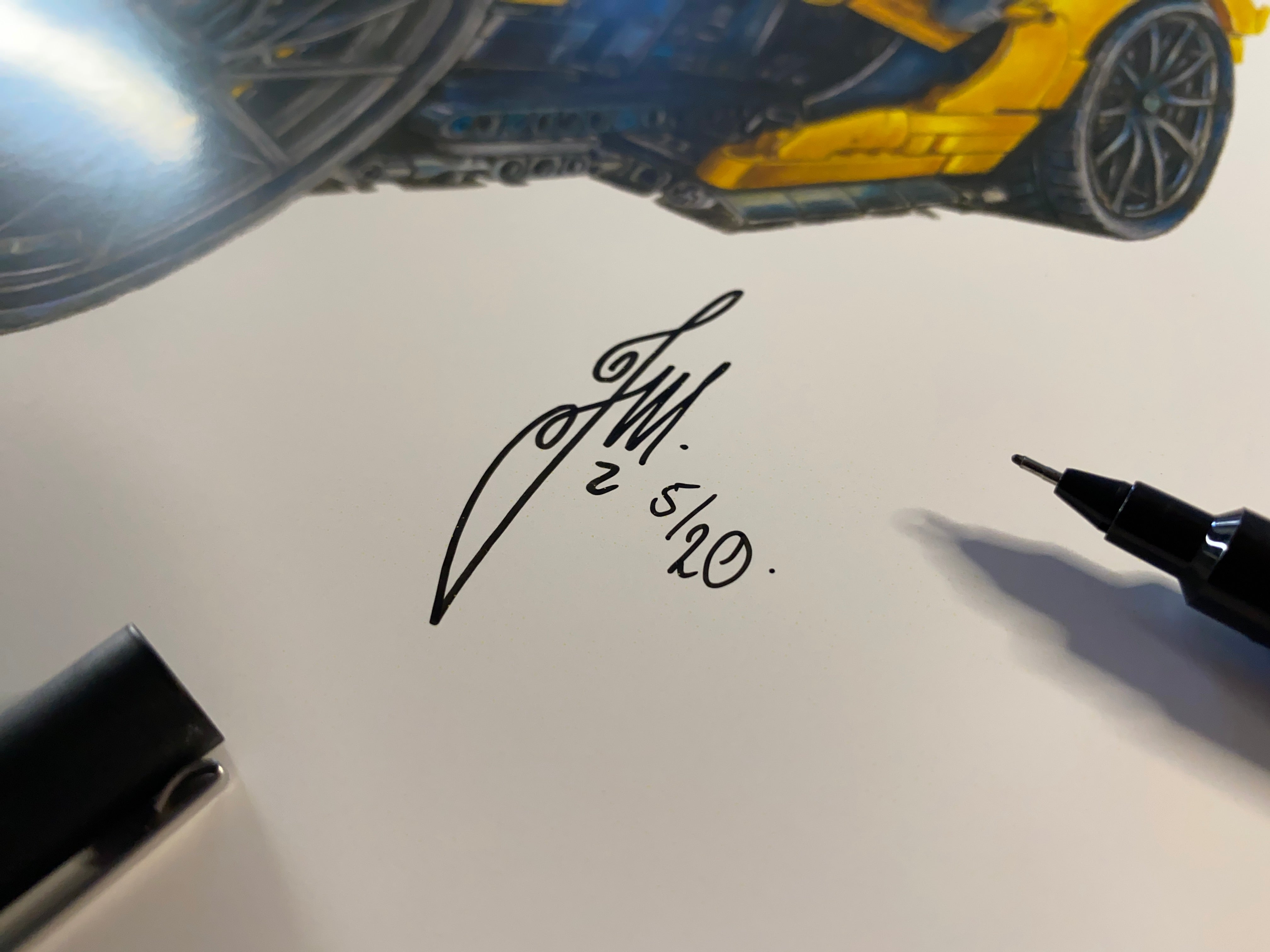 signed limited edition art print of a realistic coloured pencil drawing of the yellow LEGO Technic McLaren P1 super car model by tom mothersole