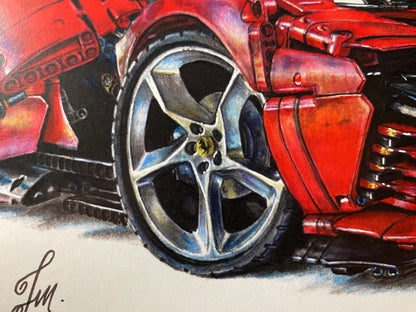 limited edition art print of realistic coloured pencil drawing of the LEGO Technic Ferrari Daytona SP3 super car by tom mothersole lego art
