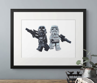 limited edition art print of my realistic coloured pencil drawing of the LEGO Shadowtrooper and stormtrooper Minifigures from starwars lego art by tom mothersole