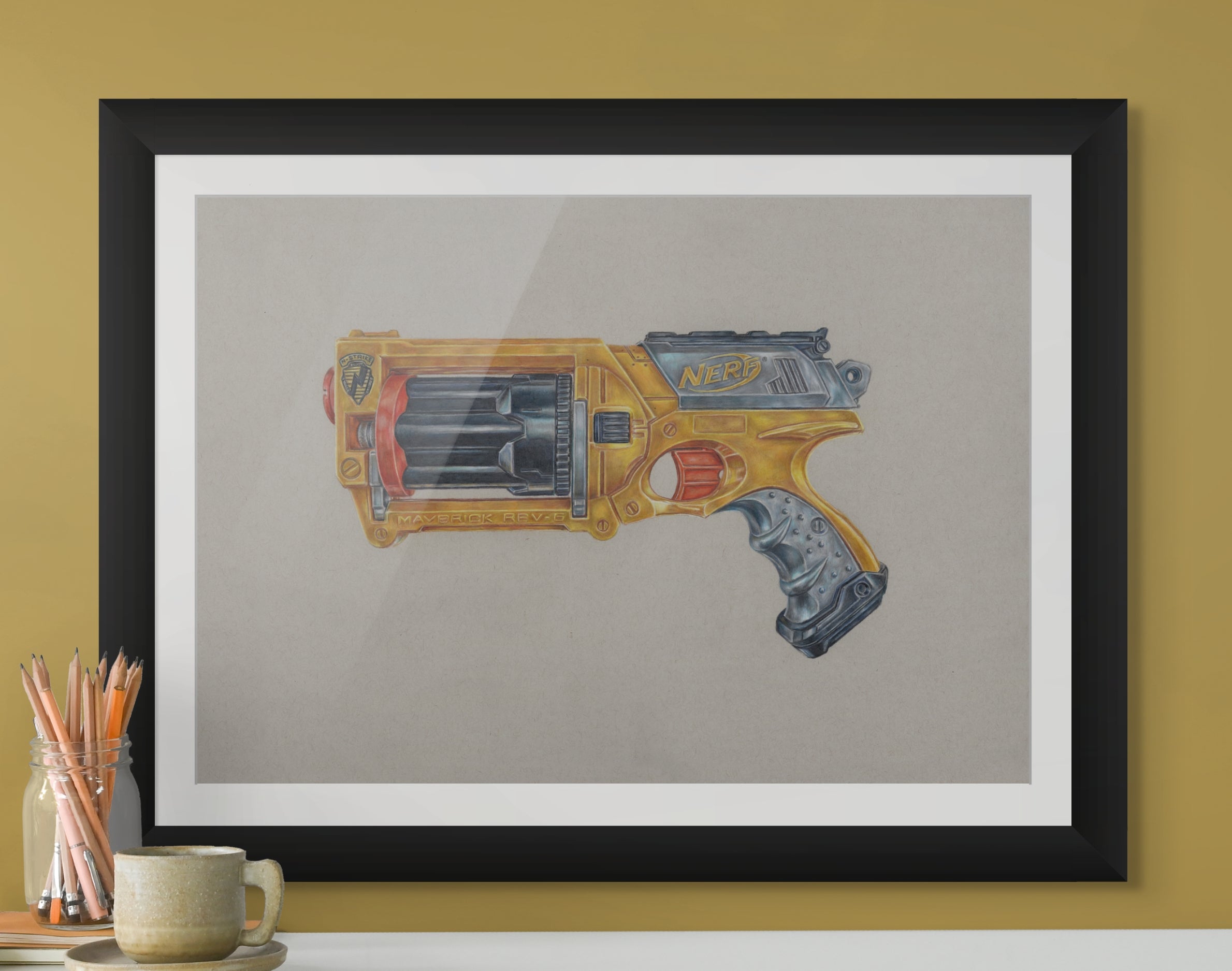 limited edition art print of my realistic Nerf Maverick toy blaster drawing by tom mothersole with coloured pencils and markers