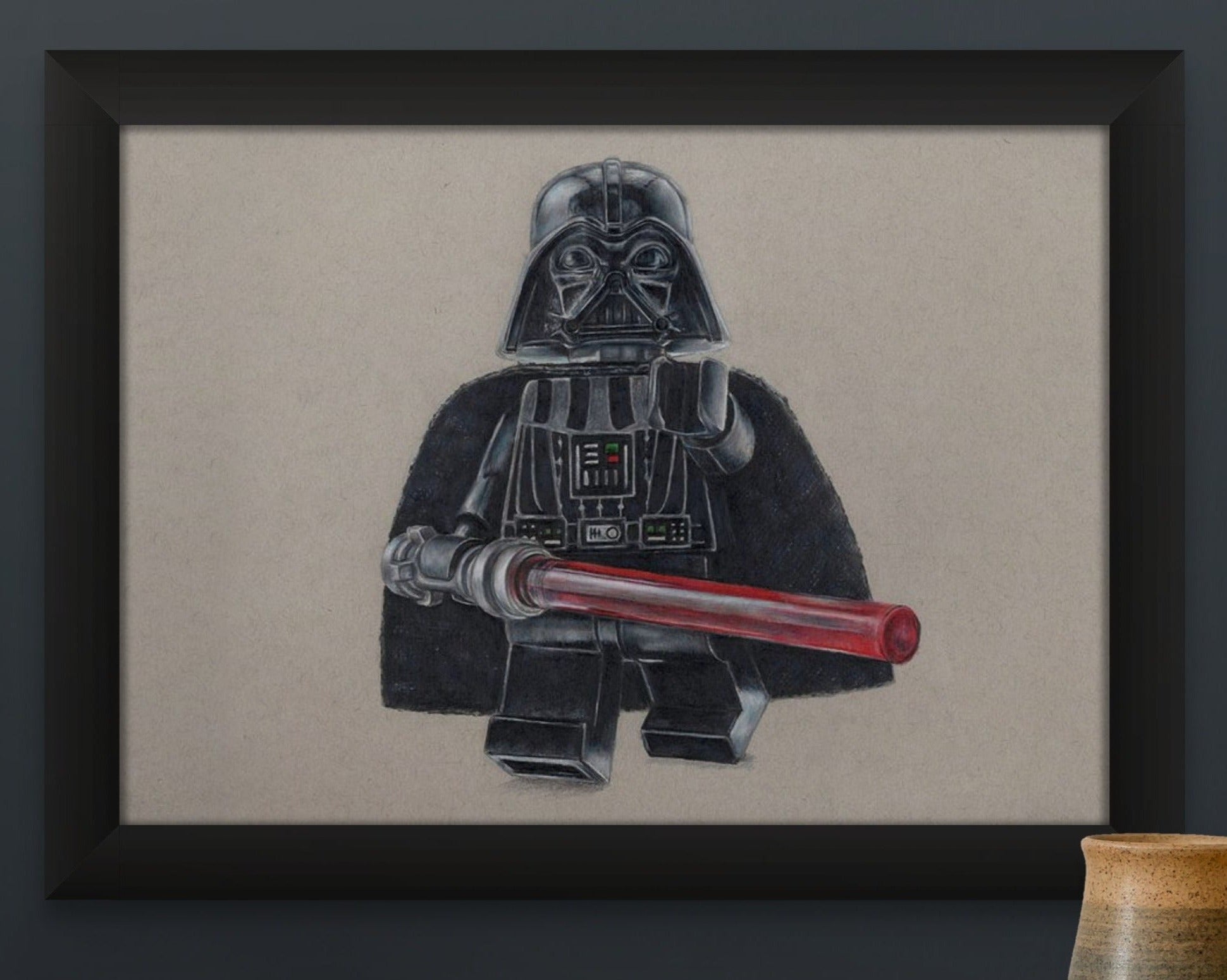 Limited edition art print of my realistic coloured pencil drawing of the LEGO Darth Vader Minifigure from starwars by tom mothersole lego art