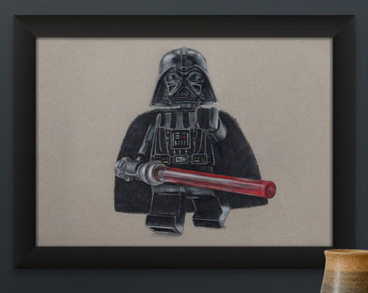 Limited edition art print of my realistic coloured pencil drawing of the LEGO Darth Vader Minifigure from starwars by tom mothersole lego art