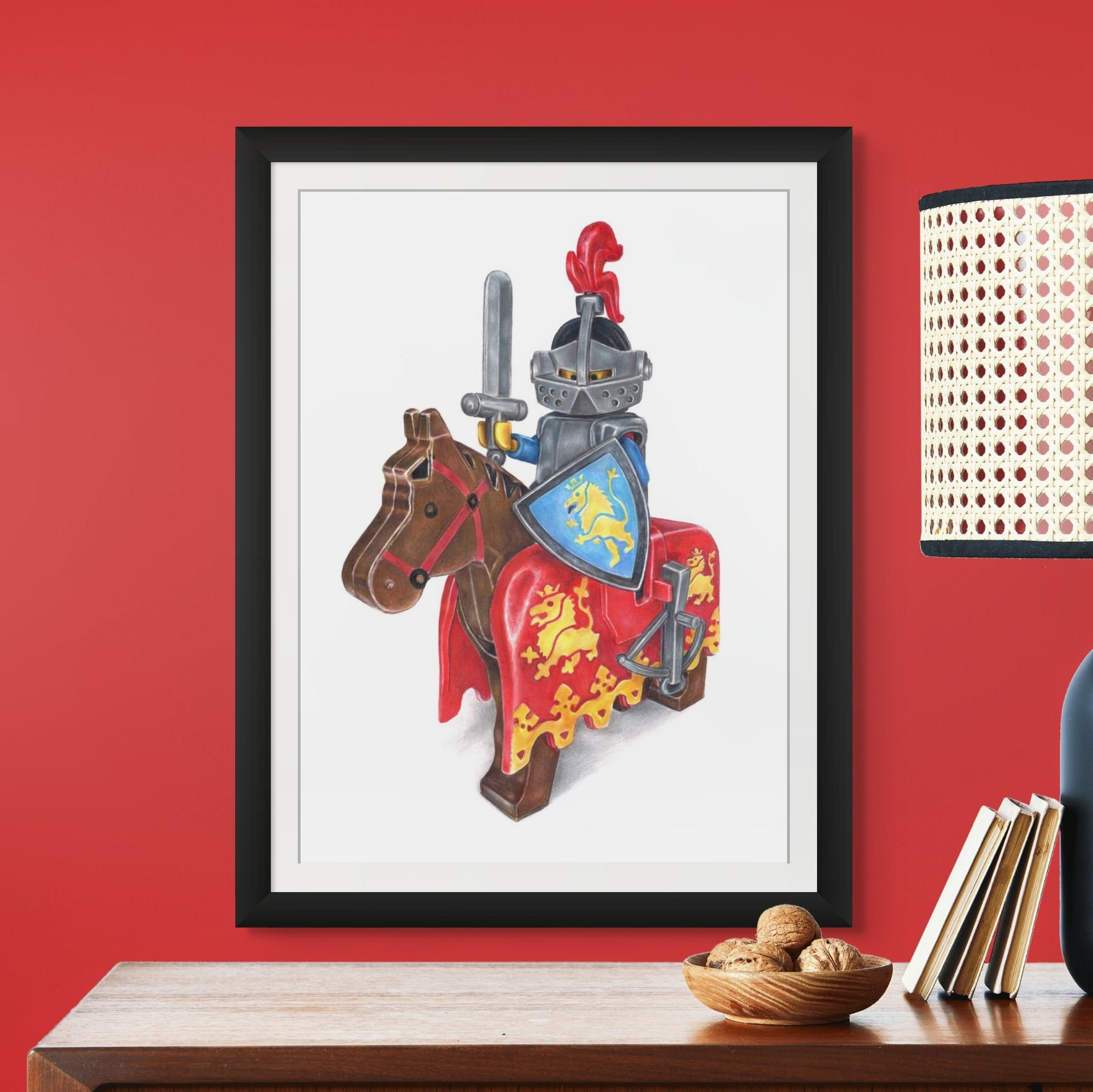 Framed limited edition art print of my realistic coloured pencil drawing of a classic LEGO Lion Knight Minifigure drawing by tom mothersole