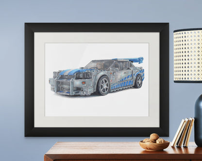 Framed A4 art print of the LEGO Nissan Skyline R34 speed champion coloured pencil drawing from the fast and furious films by tom mothersole