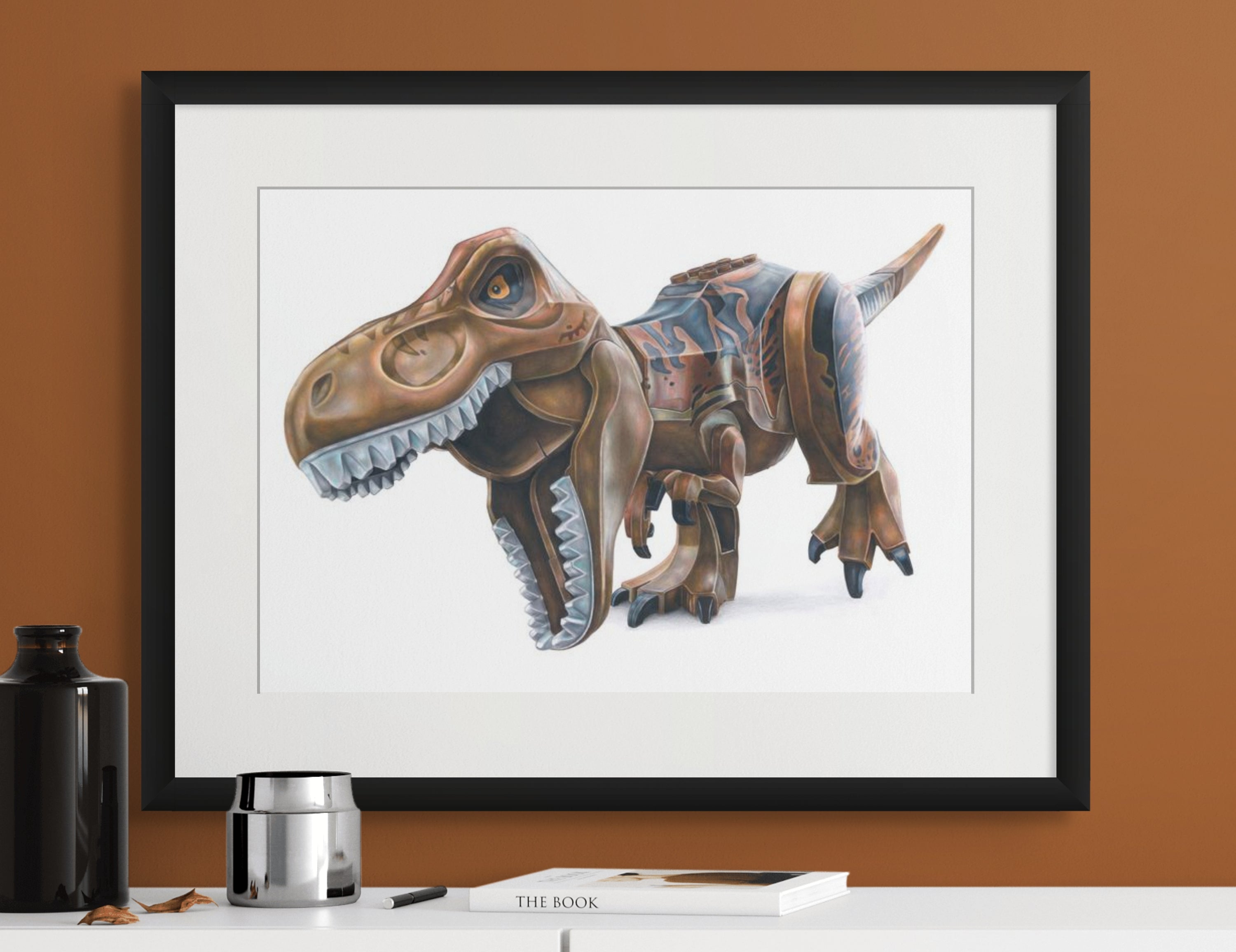 framed limited edition art print of realistic coloured pencil drawing of the LEGO T-Rex Minifigure by Tom Mothersole