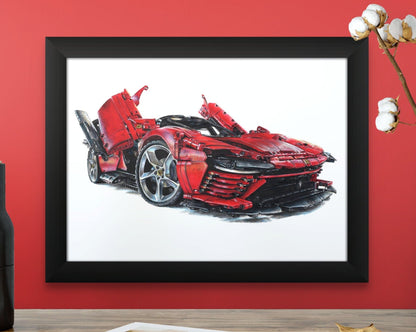 Framed print of LEGO Technic Ferrari Daytona SP3 coloured pencil drawing by tom mothersole lego art
