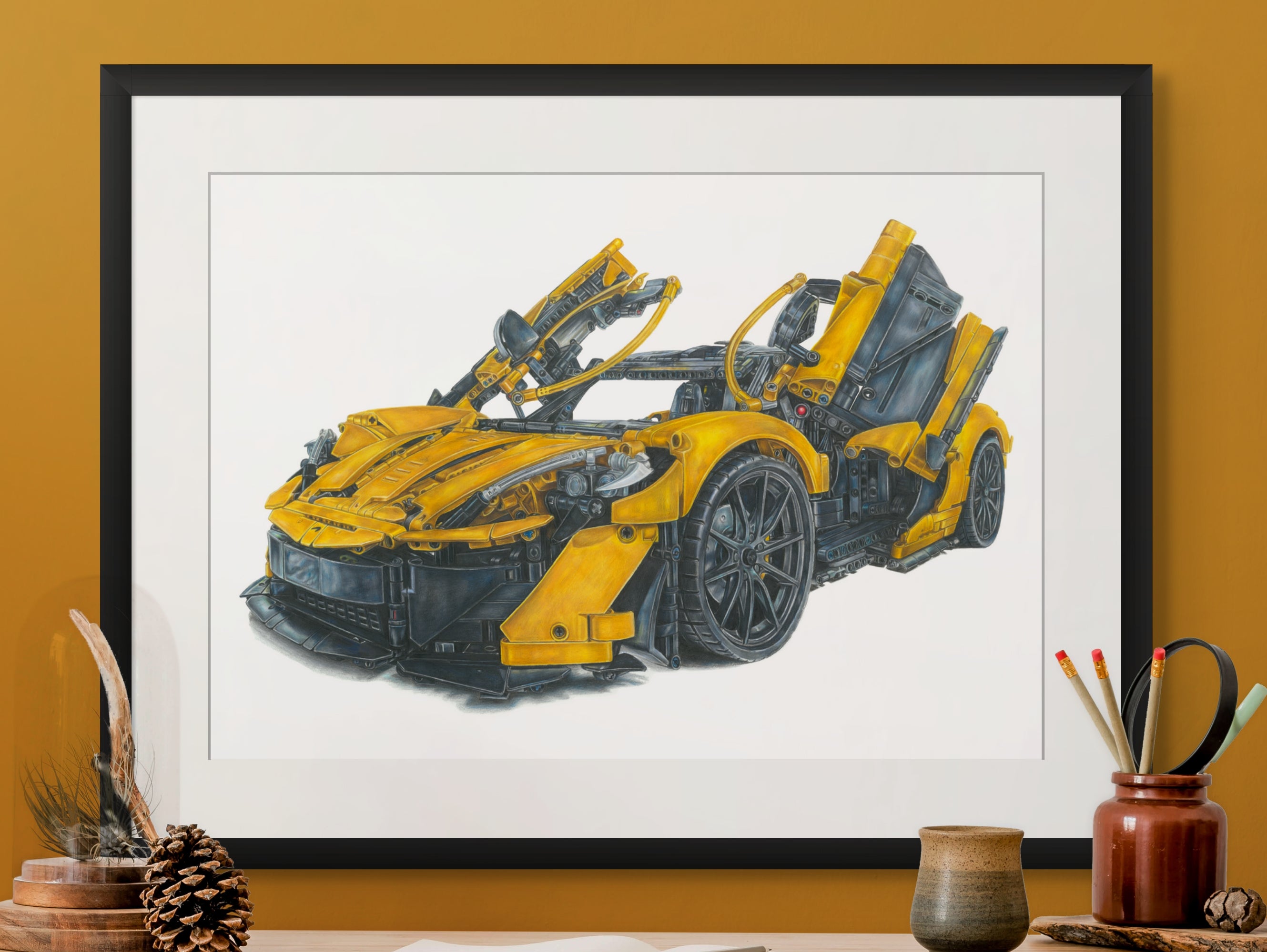 framed limited edition art print of a realistic coloured pencil drawing of the yellow LEGO Technic McLaren P1 super car art