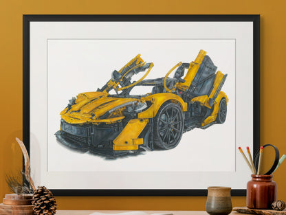 framed limited edition art print of a realistic coloured pencil drawing of the yellow LEGO Technic McLaren P1 super car art