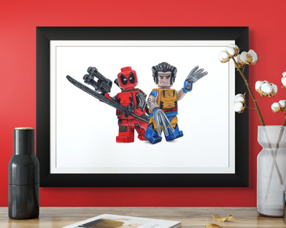 Limited edition art print of tom mothersoles realistic coloured pencil drawing of the LEGO Deadpool and Wolverine Minifigures marvel fan art