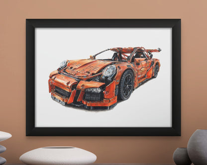 Framed A4 limited edition art print of my realistic coloured pencil drawing of the orange LEGO Technic Porsche 911 GT3 RS by Tom Mothersole