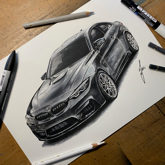 Coloured Pencil Drawing of a Black BMW M4 Coupe - ORIGINAL