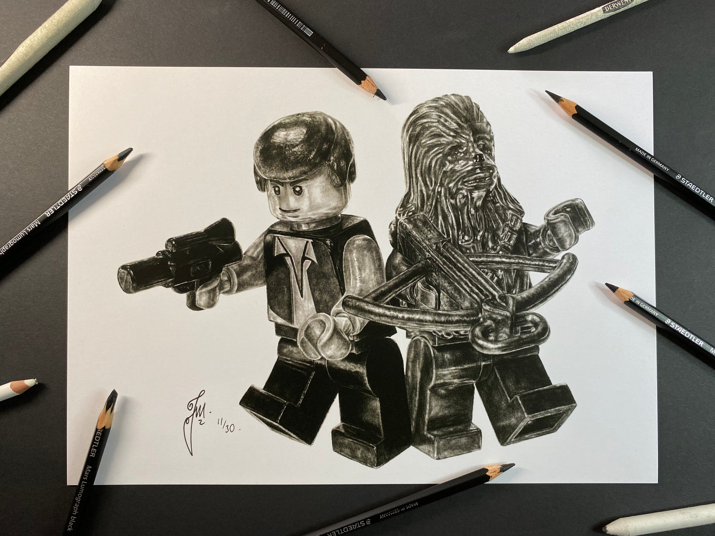 LEGO Han Solo and Chewbacca Graphite Pencil Drawing - PRINT