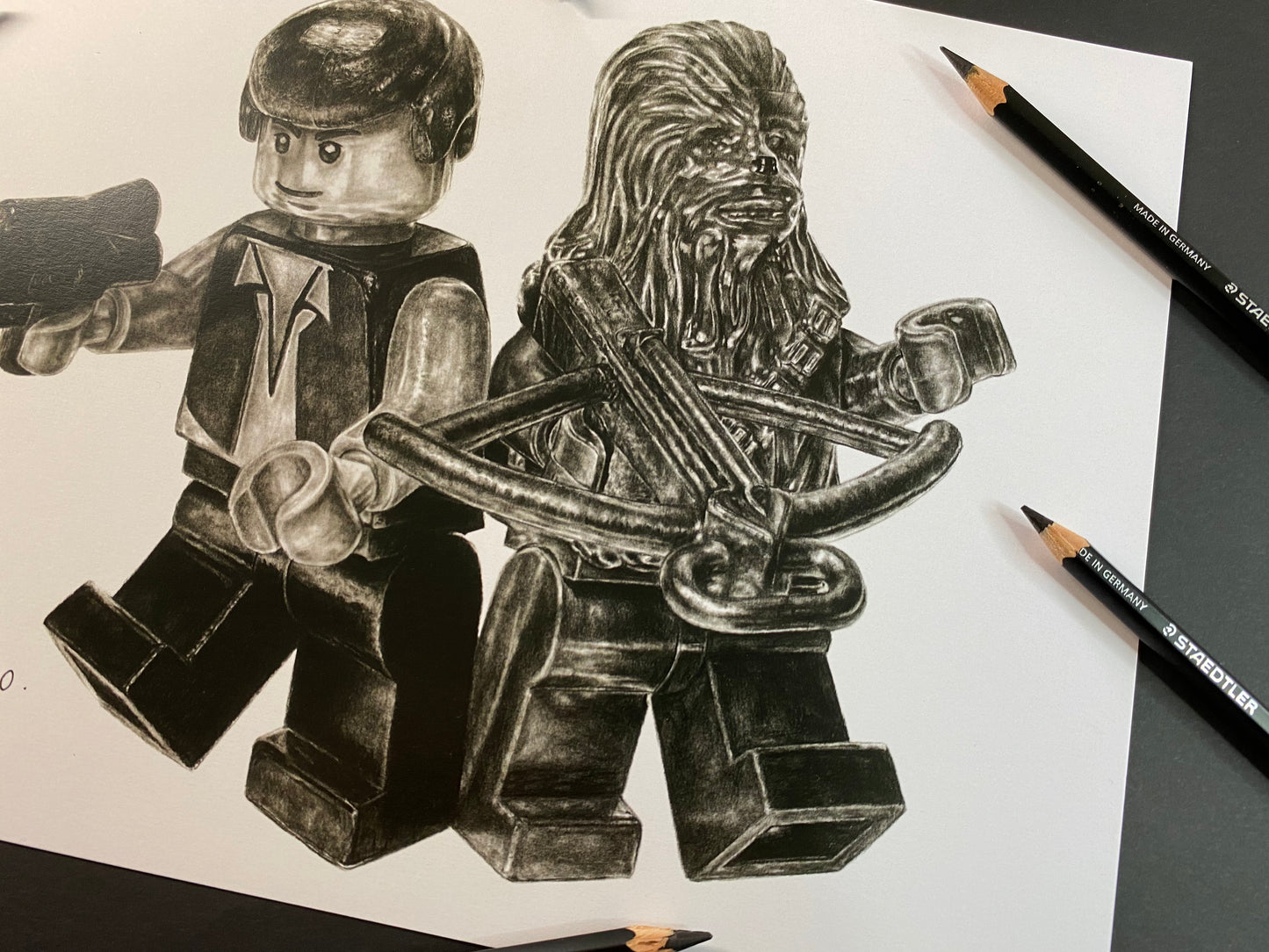 LEGO Han Solo and Chewbacca Graphite Pencil Drawing - PRINT