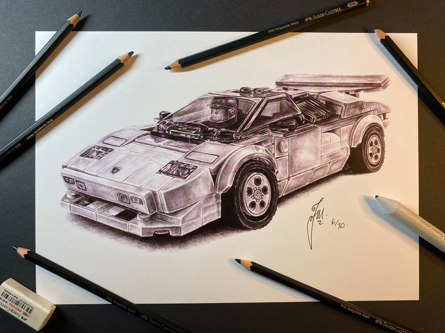 LEGO Lamborghini Countach Graphite Drawing - PRINT