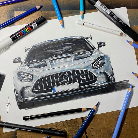Realistic coloured pencil drawing of a silver Mercedes AMG GTR