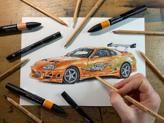 Pastel Pencil Drawing of Paul Walker's Supra Mk4 from the Fast and Furious Films - ORIGINAL