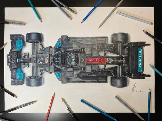 realistic coloured pencil drawing of the LEGO Mercedes F1 car