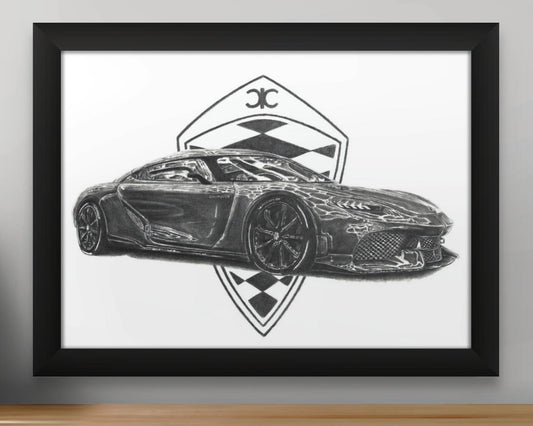 Framed print of a graphite pencil drawing of the koenigsegg gemera super car