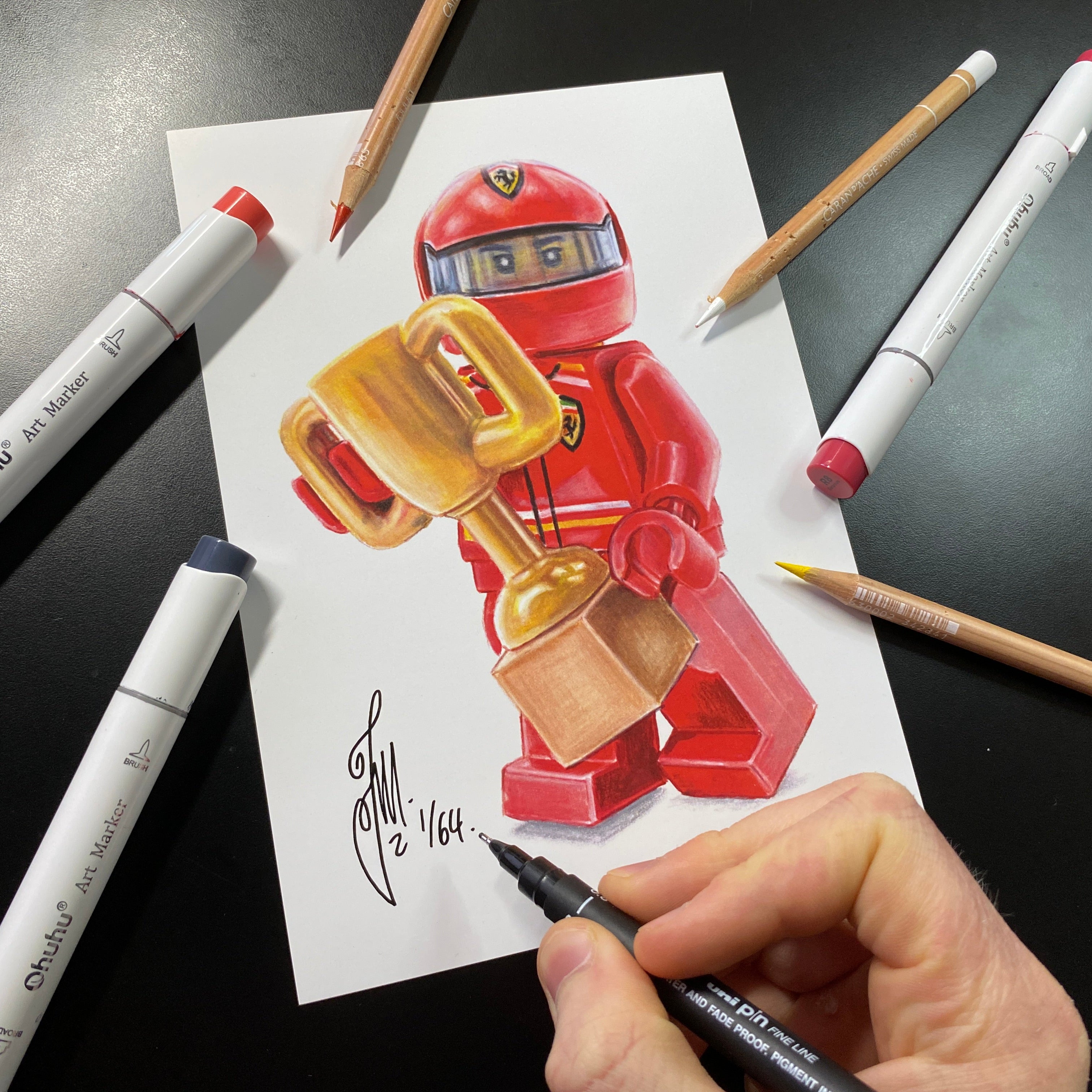 Limited edition print of my LEGO Ferrari F1 car driver drawing done using coloured pencils and markers