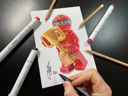 Limited edition print of my LEGO Ferrari F1 car driver drawing done using coloured pencils and markers