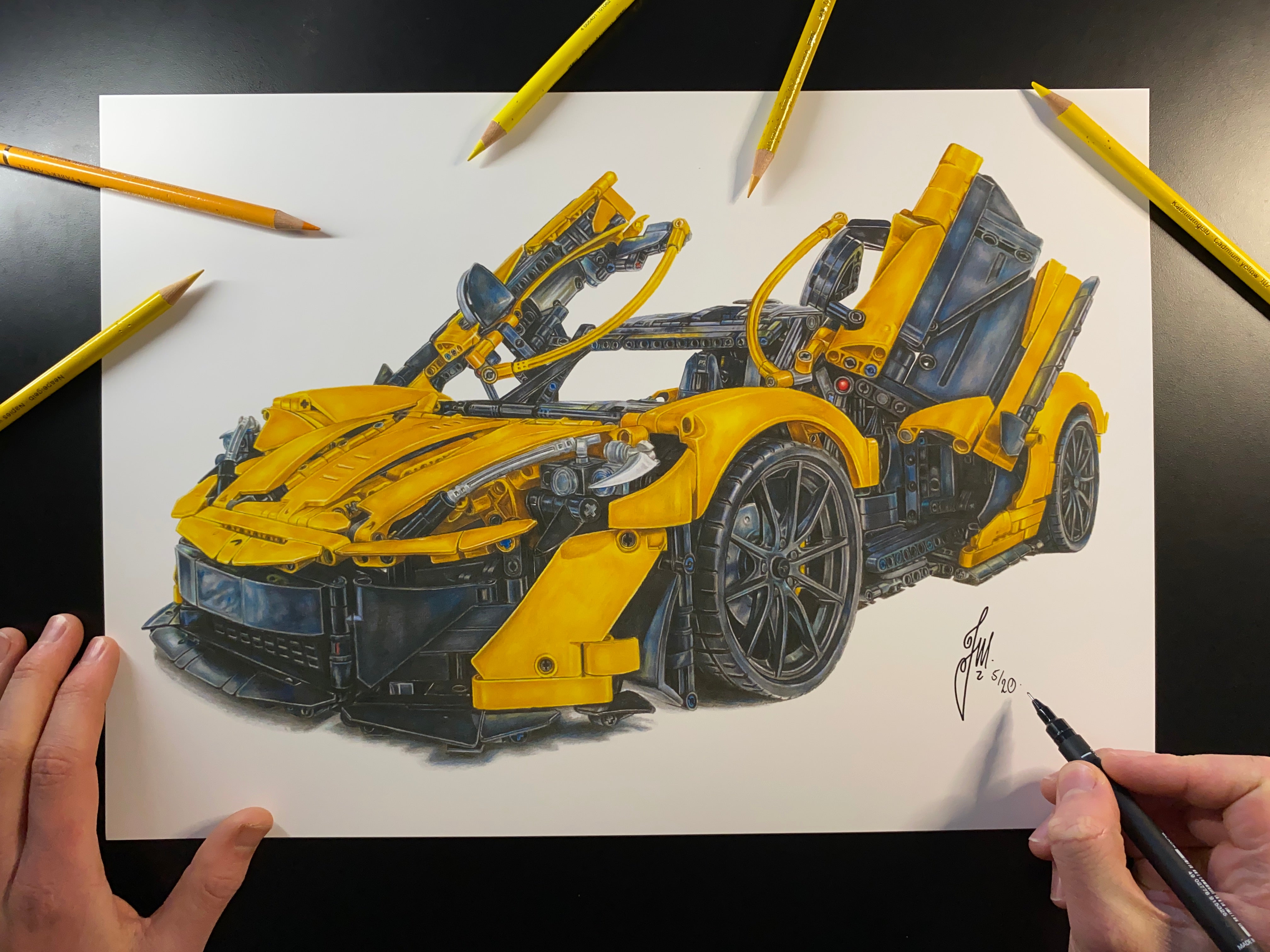 A3 signed limited edition art print of a realistic coloured pencil drawing of the yellow LEGO Technic McLaren P1 super car model by tom mothersole