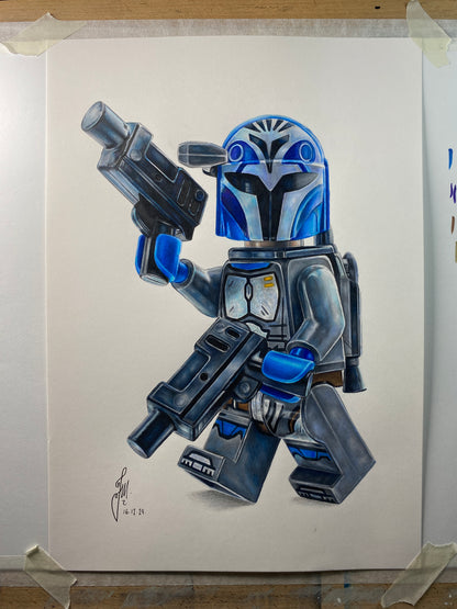 coloured pencil drawing of the LEGO Bokatan Minifigure from starwars the mandalorian by tom mothersole lego art