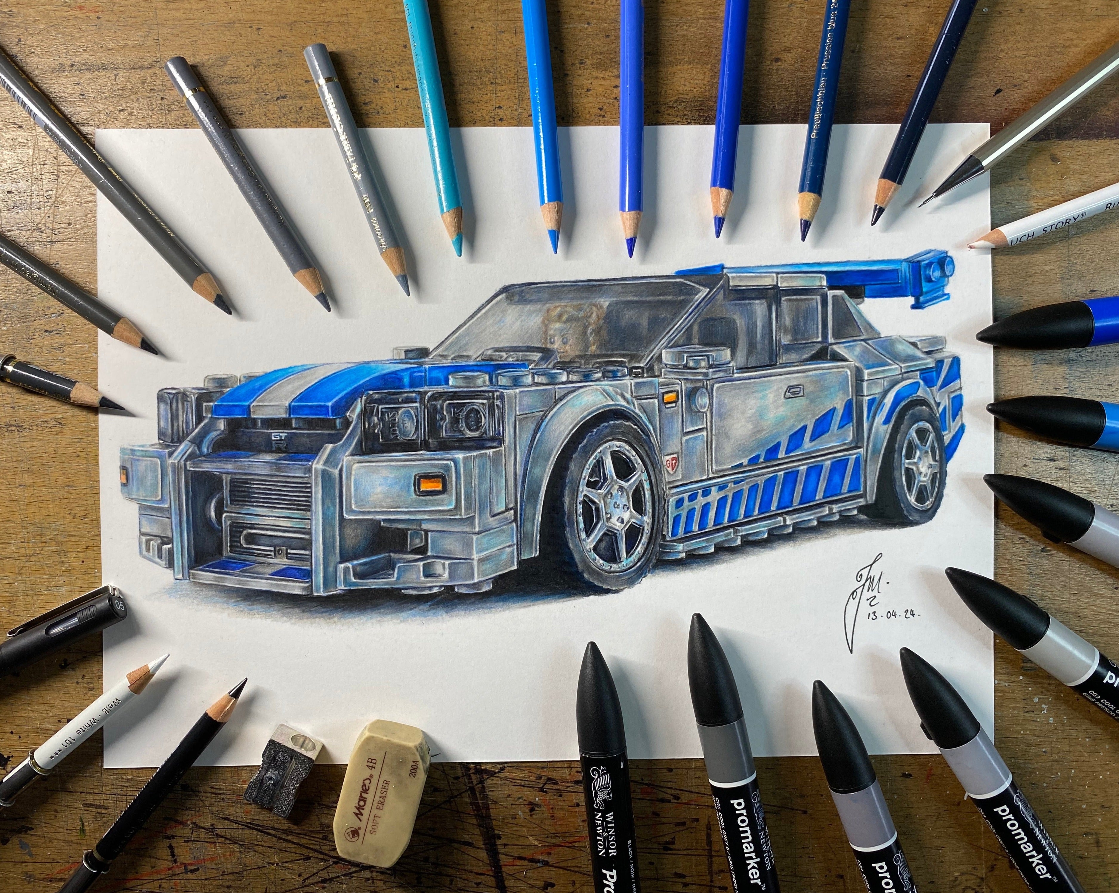 Coloured pencil drawing of the LEGO Nissan Skyline GTR R34 from the fast and furious movies by tom mothersole