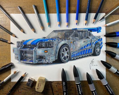 Coloured pencil drawing of the LEGO Nissan Skyline GTR R34 from the fast and furious movies by tom mothersole