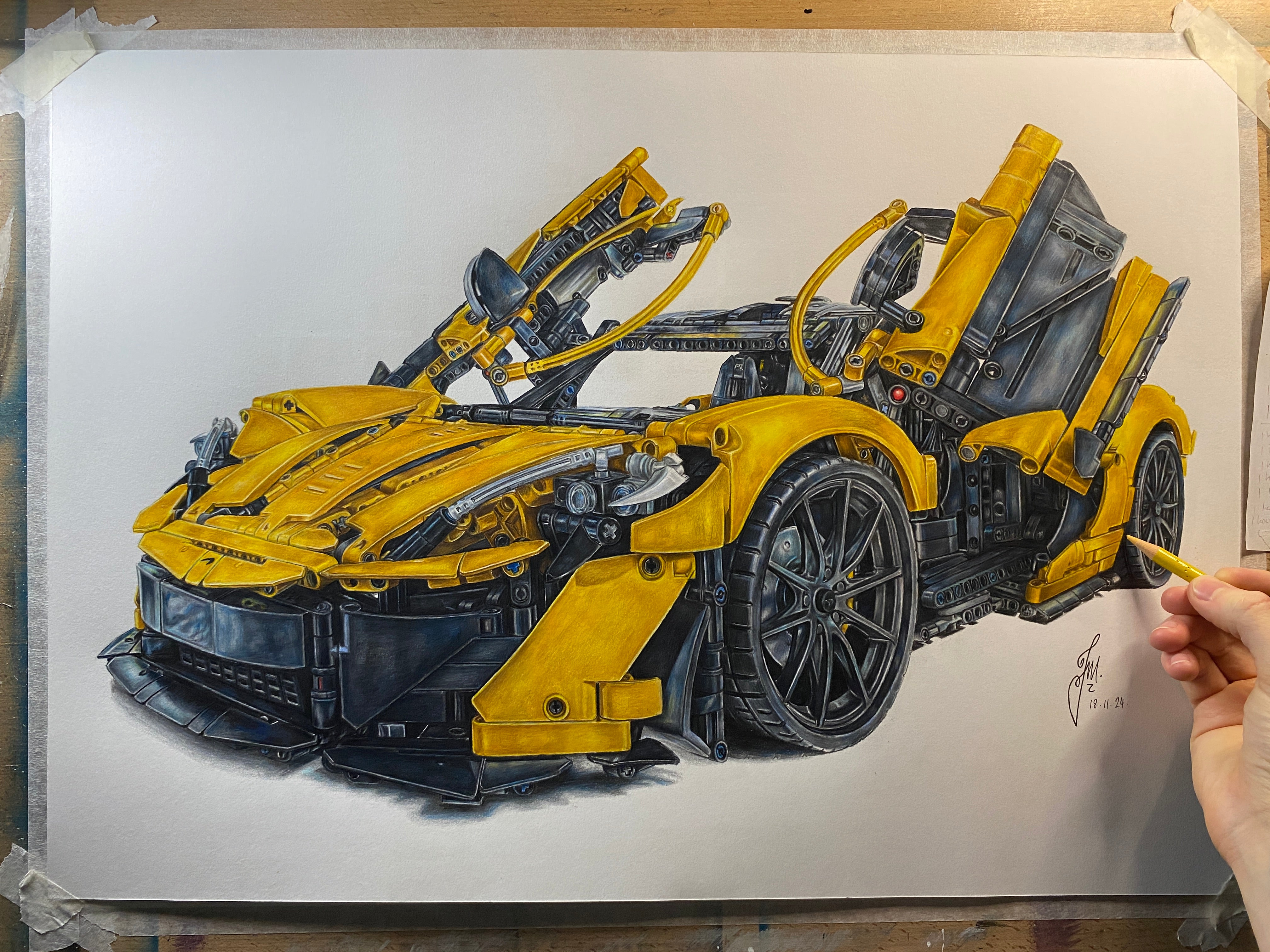 realistic coloured pencil drawing of the yellow LEGO Technic McLaren P1 super car model by tom mothersole