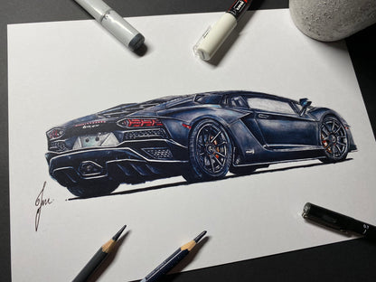 Realistic coloured pencil drawing of a black Lamborghini aventador