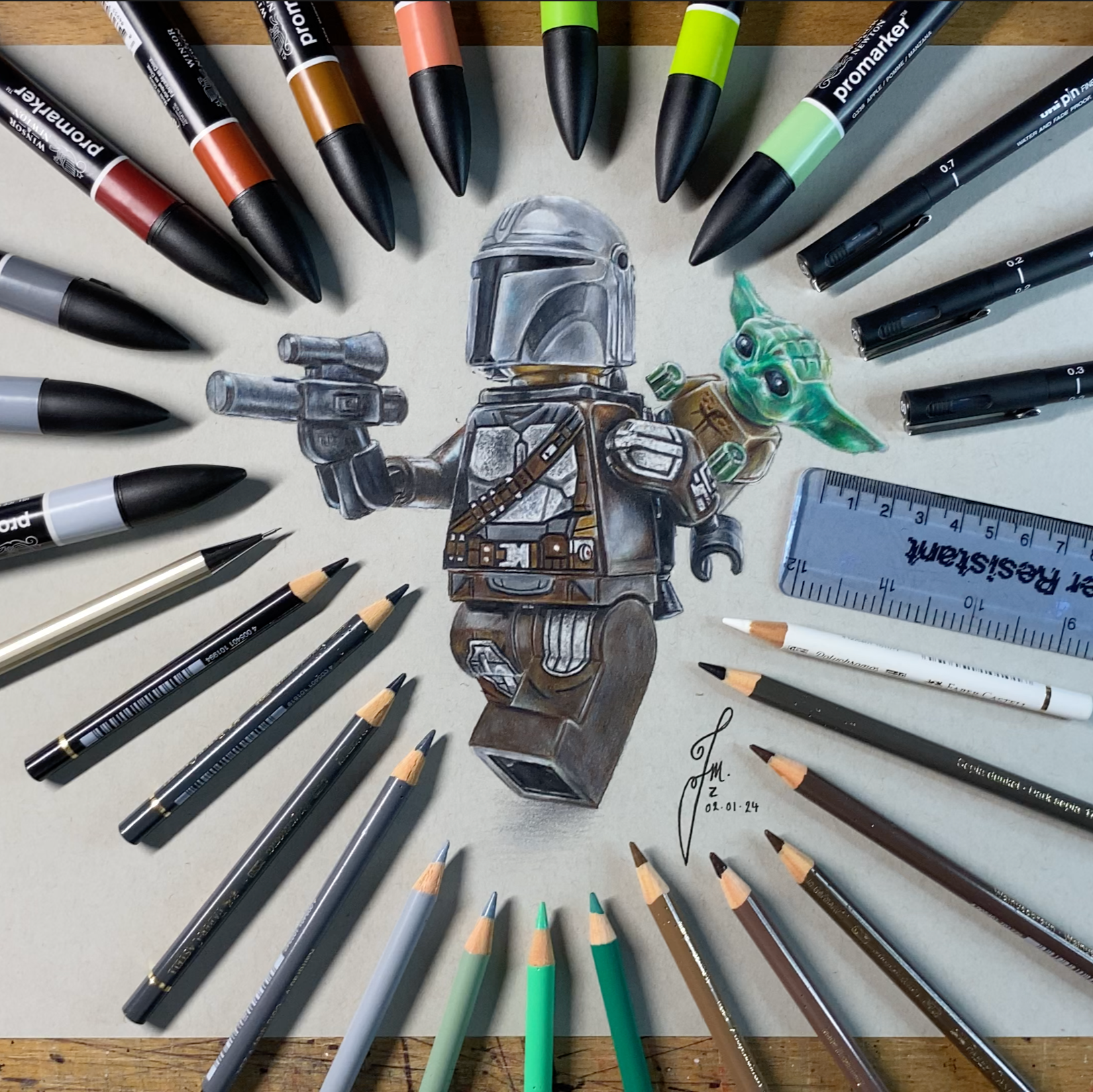 Realistic coloured pencil drawing of the LEGO Mandolorian and Grogu Minifigures